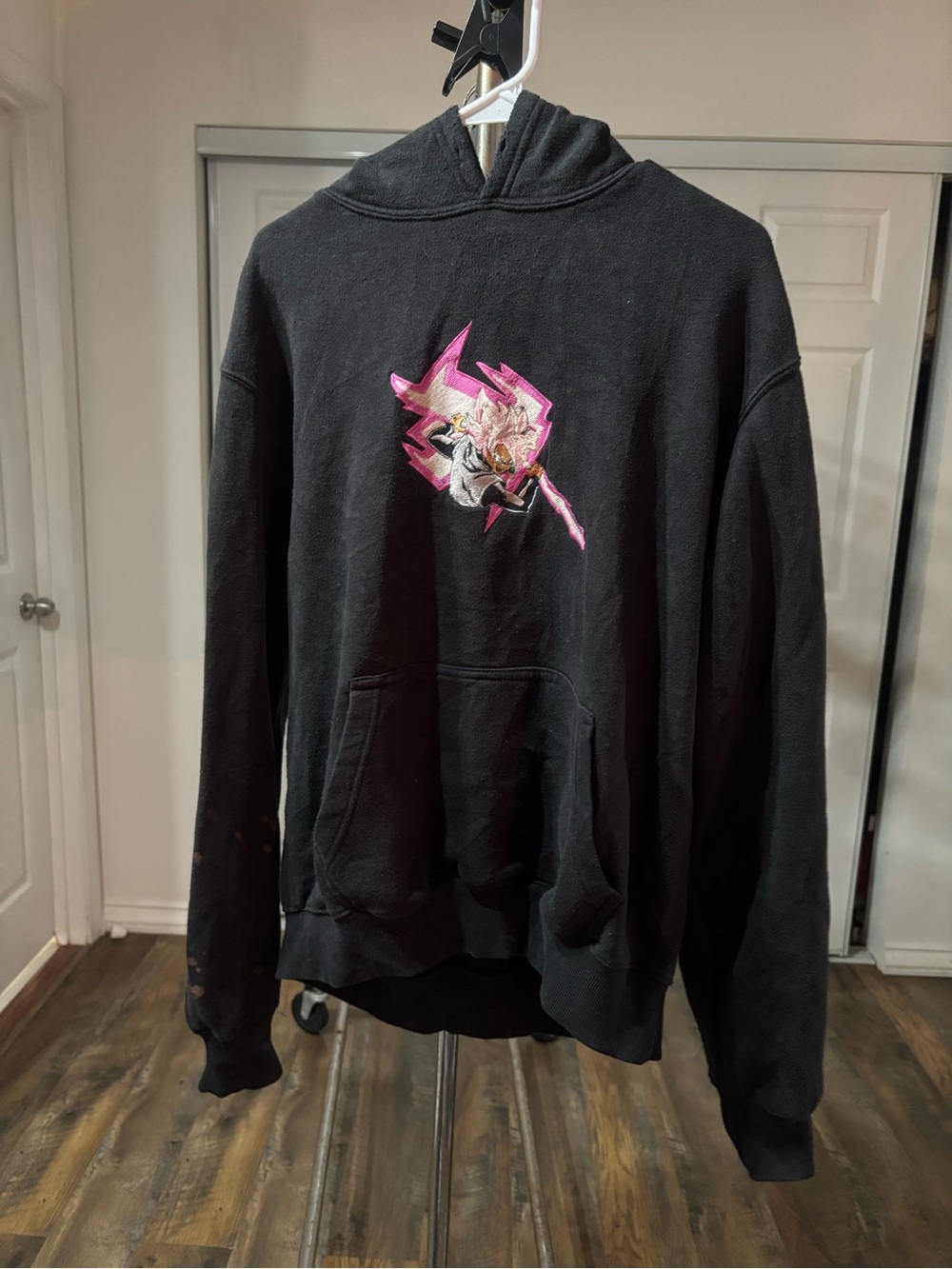 Nostalgia Black Hoodie with Pink and White Lightning Graphic